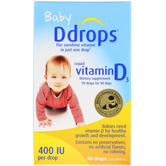 Ddrops Brand Baby Liquid Vitamin D3, 400 IU, 0.08 Fl oz (2.5 ml), 90 Drops  婴儿 维他命D3, 90滴