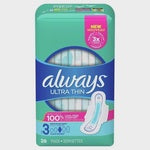 Always Ultra Thin Pads Size 3 Extra Long Super Absorbency Unscented with Wings, 28 Count,SIZE3