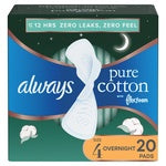 Always Pure Cotton Pads, Overnight, with Wings Unscented, Size 4 20CT