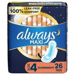 Always Maxi Overnight Pads with Wings, Size 4, Overnight, Unscented, 26 CT