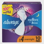 Always Radiant, Size 4, Overnight Sanitary Pads with Wings, Scented, 10 Count