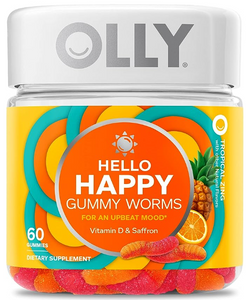 OLLY Hello Happy Gummy Worms, Mood Balance Support, Vitamin D, Saffron, Adult Chewable Supplement, Tropical Zing - 60 Count