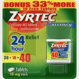 ZYRTEC ALLERGY RELIEF 24 HOUR 10MG TABLETS 30 + 10 CT BONUS PACK