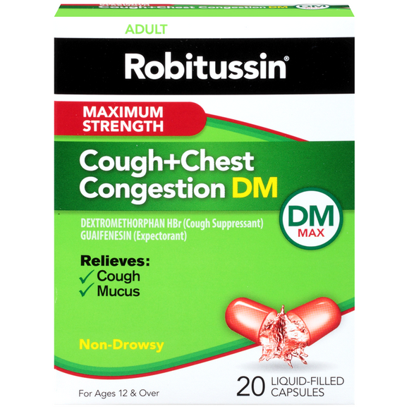 Robitussin Brand DM Max Cough Plus Chest Maximum Strength Congestion 20 Liquid-Filled Capsules  乐倍舒 成人最大剂量强效止咳液体胶囊 20粒