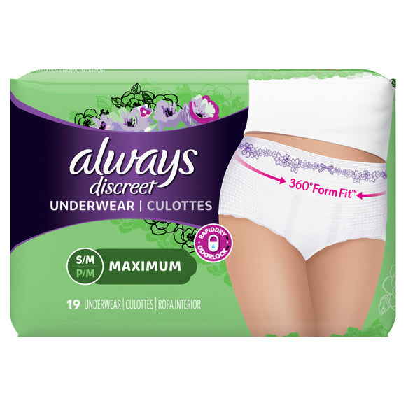 Always Brand Discreet, Incontinence Underwear for Women, Maximum, Small / Medium, 19 Count 女士成人一次性内裤 小/中号 19片状