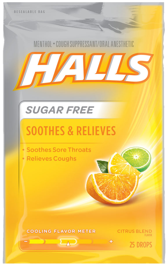 Halls Brand Sugar Free Citrus bag Citrus Blend Flavor 25 Drops 荷氏无糖版润喉糖 25粒装