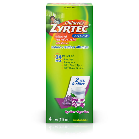Zyrtec Brand 24 Hour Children's Allergy Syrup, Grape, For 2 Yrs & Older, Dye/Sugar-Free, 4 fl oz (118mL) 無糖过敏糖浆 2岁以上 葡萄味