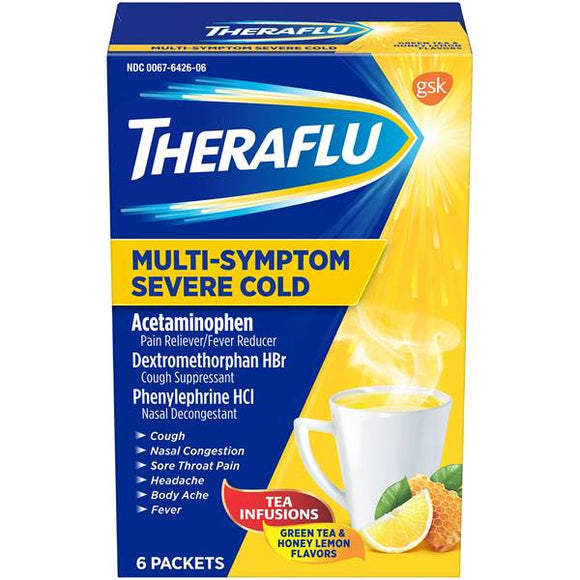 Theraflu Brand Flu & Sore Throat Powder, Honey Lemon Flavor 流感冲剂，蜂蜜柠檬味，6包