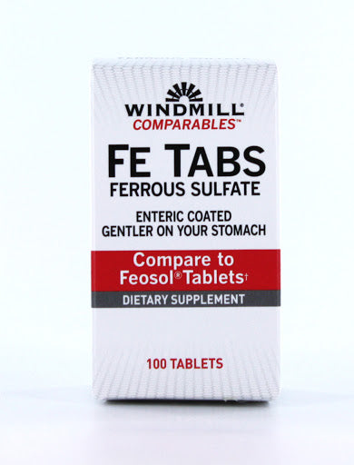 Windmill Brand Fe Tabs (Ferrous Sulfate), Enteric Coated Gentler On Your Stomach, 100 Tablets  鐵片 (硫酸亞鐵) 腸溶性腸胃藥 100粒