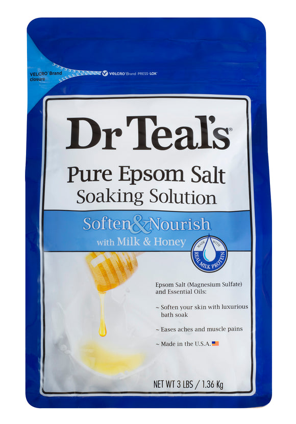 Dr Teal's Brand Pure Epsom Salt Soaking Solution, Soften & Nourish with Milk & Honey, 3 LBS (1.36 Kg)  浸浴鹽, 含牛奶和蜂蜜軟化和滋養