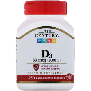 21st Century Brand Vitamin D3, 50 mcg (2,000 IU), Strong Bones & Immune Support, 250 Rapid Release Softgels  強壯的骨骼和免疫維生素補充劑 250粒軟膠囊