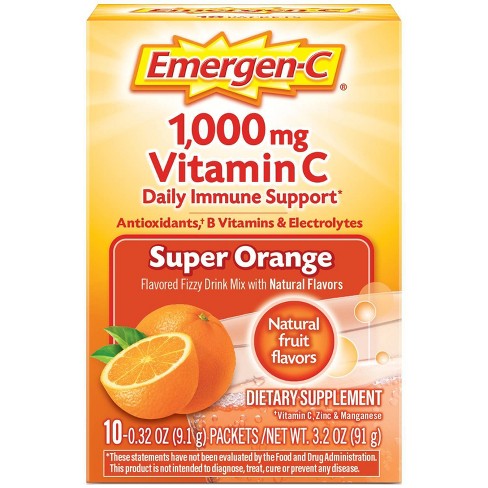 Emergen-C Brand Vitamin C, 1000 mg, Daily Immune Support, Super Orange Flavors, 10 Packets  維生素C, 1000毫克, 超級橙味 10包裝