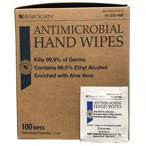 Henry Schein AntiMicrobial Hand Wipes 100 wipes 5"x8"