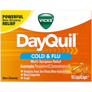 Vicks DayQuil Brand Cold & Flu Multi-Symptom Relief 16 LiquiCaps  日用型鼻塞头痛发烧喷嚏液体胶囊 16粒装