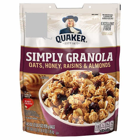 Quaker Brand Simply Granola Cereal (Oats, Honey, Raisins & Almonds) 34.5 oz (978 g)  燕麥麥片 含燕麥, 蜂蜜, 葡萄乾和杏仁