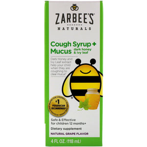 Zarbee's Naturals Brand Children's Cough Syrup+Mucus, For Ages 1-12 Yrs, Natural Grape Flavor 4 fl oz (118mL)  儿童止咳糖浆, 葡萄味