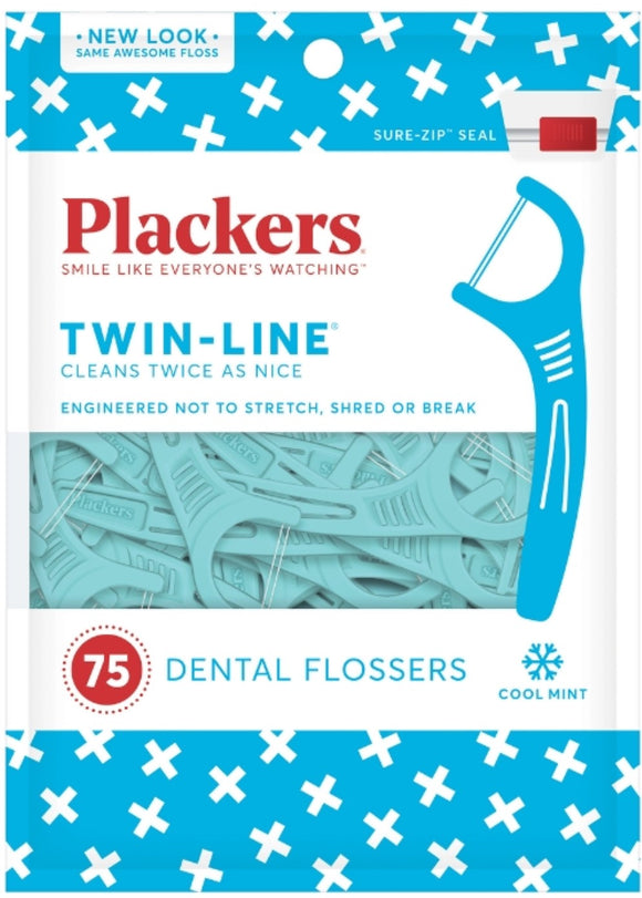 PLACKERS Twin-Line Dental Flossers, Cool Mint 75 EA