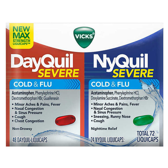 Vicks Severe DayQuil and NyQuil Cough, Cold & Flu Relief, 72 LiquiCaps