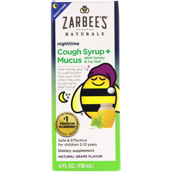 Zarbee's Naturals Brand Nighttime Cough Syrup+Mucus Dark Honey & Ivy Leaf, Safe For Children 2-12 Yrs, Natural Grape Flavor 4 fl oz (118mL)  夜间止咳糖浆, 天然葡萄味