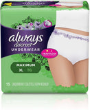 Always Brand Discreet Incontinence Underwear Maximum Absorbency, Extra Large 15 Culottes 女性成人一次性内裤 特大号15片装