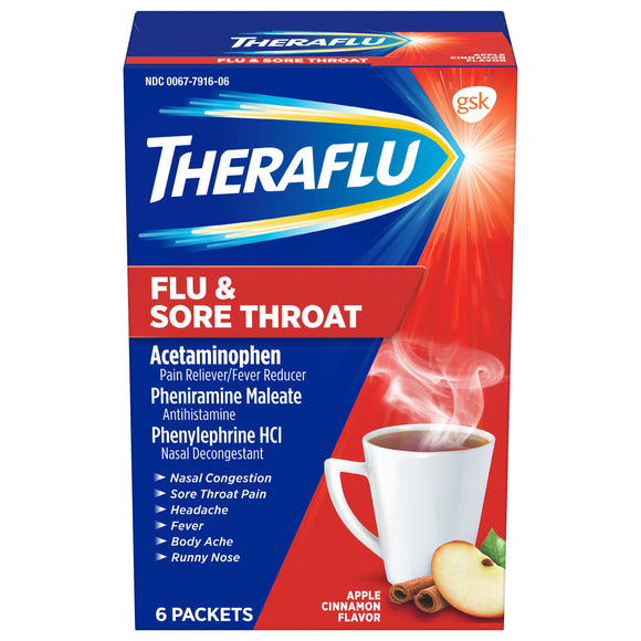Theraflu Brand Flu & Sore Throat Powder, Apple Cinnamon Flavor, 6 Packets 流感冲剂，苹果肉桂味，6包