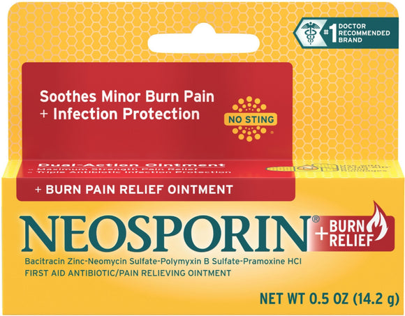 Neosporin Brand Burn Relief & First-Aid Antibiotic Ointment with Bacitracin Zinc & Neomycin 0.5 oz (14.2g)   烧伤消炎药膏 14.2 g