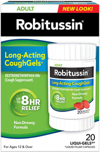 Robitussin Brand Long-Acting CoughGels 8hr Relief 20 Liqui-gels  成人长效咳嗽凝胶止咳药 20粒