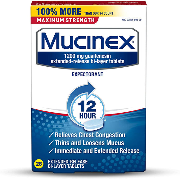 Mucinex Brand Maximum Strength 12 Hour Chest Congestion Expectorant Relief Tablets, 28 Count, Thins & Loosens Mucus  最大强度12小时祛痰止咳片，28粒