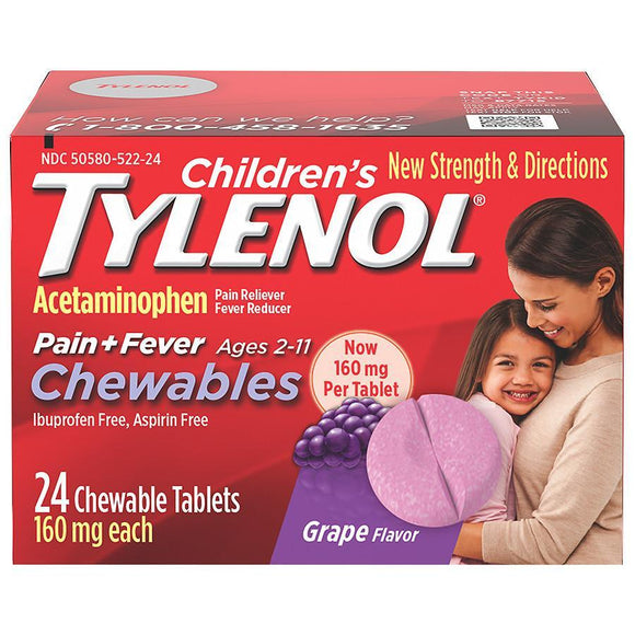 Tylenol Brand Children's Pain + Fever Chewable Tablets Grape - 24 ea 儿童版泰诺林 止痛退烧片 葡萄味