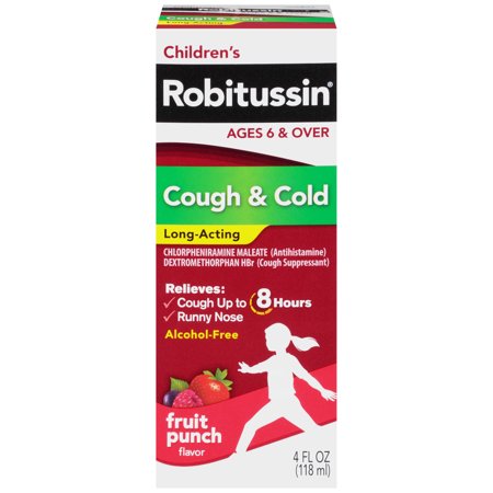Robitussin Brand Children's Cough Long-Acting, For Ages 6 & Over, Fruit Punch Flavor, 4 fl oz (118 mL) 8-Hour  儿童8小时长效止咳药水