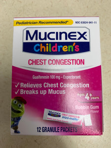 MUCINEX CHILD COUGH 4+ YEARS BUBBLE GUM FLAVOR 12 GRANULE PACKETS