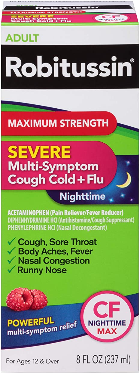 Robitussin, Maximum Strength, Severe Multi-Symptom Cough Cold+Flu  (Nighttime) 8 Fl oz  咳嗽感冒+流感(夜间) 8盎司, 最大强度, 严重的多症状