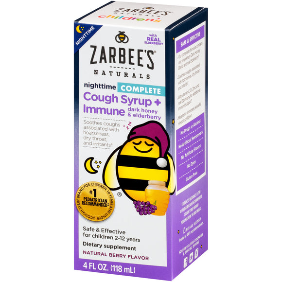 Zarbee's Naturals Brand Children's Nighttime Complete Cough Syrup+Immune Dark Honey & Elderberry, Natural Berry Flavor, 4 fl oz (118mL)  儿童全效止咳糖浆, 黑蜂蜜浆果味