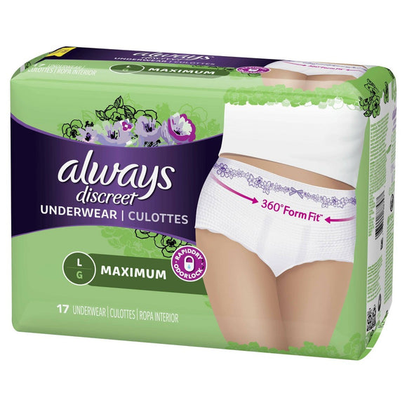 Always Brand Discreet Underwear Maximum Absorbency Size Large 女性成人一次性内裤 大号 17片装