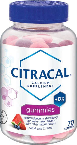 Citracal Brand Calcium Supplement + D3 Gummies Blueberry, Strawberry, and Watermelon, 70 Gummies  鈣補充劑+D3軟糖, 含藍莓, 草莓和西瓜味 70軟糖