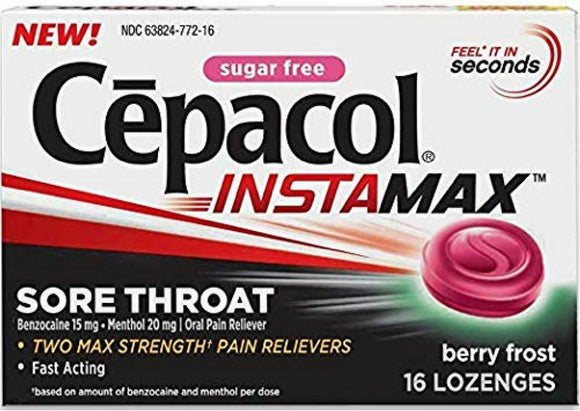 Cepacol Brand InstaMax Sugar Free Berry Frost Sore Throat Lozenges, 16 Count  無糖漿果霜喉嚨痛含片16粒