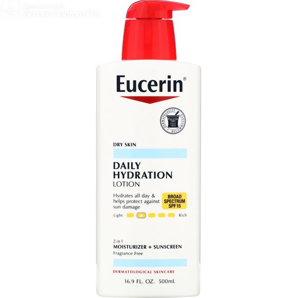 Eucerin Daily Hydration Lotion, Dry Skin, Moisturizer+Sunscreen SPF 15 (16.9 fl oz)  每日保濕乳液, 皮膚乾燥, 保濕+防曬霜 SPF 15