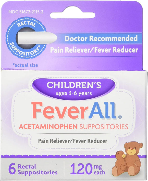 FeverAll Brand Children's Acetaminophen Suppositories, Pain Reliever/Fever Reducer, 6 Rectal Suppositories 120mg each  兒童止痛/退熱藥, 對乙酰氨基酚栓劑, 6個直腸栓劑, 120mg