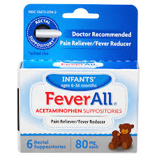 FeverAll Brand Infants' Acetaminophen Suppositories, Pain Reliever/Fever Reducer, 6 Rectal Suppositories 80mg each   嬰兒止痛/退熱藥, 對乙酰氨基酚栓劑,  6個直腸栓劑, 80mg