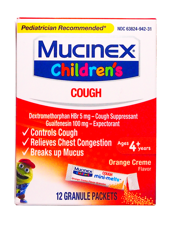 MUCINEX Brand CHILD COUGH, Ages 4+ YEARS ORANGE CREME FLAVOR, 12 GRANULE PACKETS 儿童止咳冲剂 4岁以上 橙子味 12条装