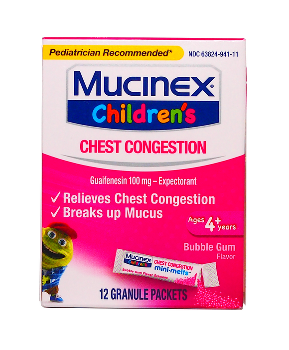 MUCINEX Brand CHILDREN'S CHEST CONGESTION, Ages 4+ YEARS BUBBLE GUM FLAVOR 12 GARNULE PACKETS  儿童止咳冲剂 4岁以上 泡泡糖味 12条装