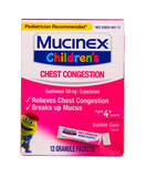 MUCINEX Brand CHILDREN'S CHEST CONGESTION, Ages 4+ YEARS BUBBLE GUM FLAVOR 12 GARNULE PACKETS  儿童止咳冲剂 4岁以上 泡泡糖味 12条装