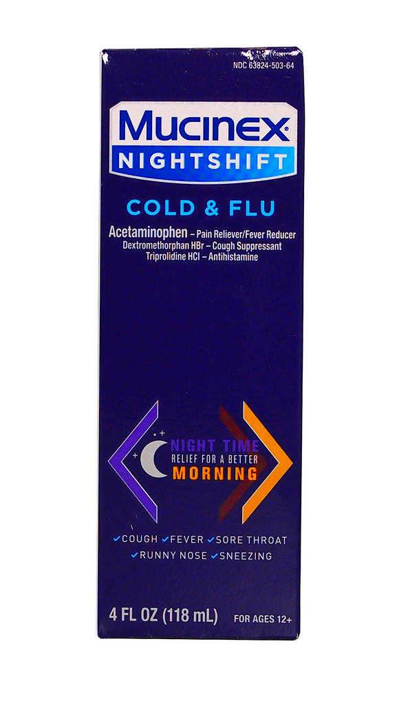 MUCINEX Brand NIGHTSHIFT COLD & FLU, For Ages 12+, 4 fl oz (118mL)  夜间感冒发烧药水