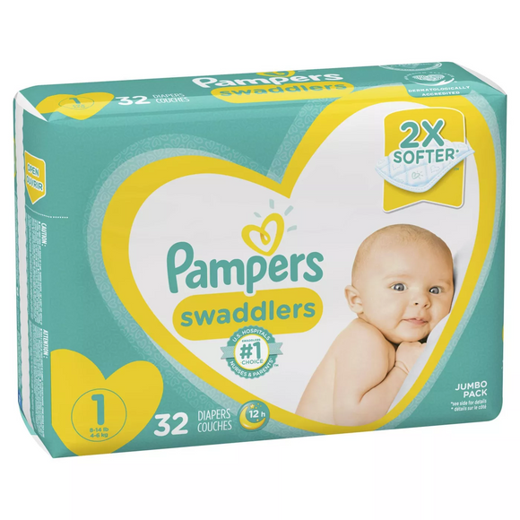 Pampers Brand Swaddlers Diapers Jumbo Packs, Size 1 (8-14 Lb / 4-6 Kg) 32Ct   嬰兒尿布 1號 (8-14 Lb / 4-6 Kg) 32塊