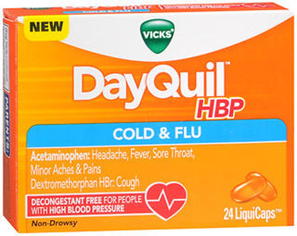 Vicks DayQuil Brand HBP Cough Cold & Flu Relief for People with High Blood Pressure, 24 LiquiCaps  適合高血壓患者的咳嗽感冒和流感緩解