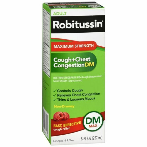 ROBITUSSIN DM Max Brand Cough+Chest Congestion, Cough Relief 8 fl oz (237mL) 乐倍舒 止咳水 (蔓越莓味)