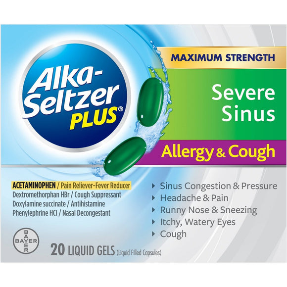 Alka-Seltzer Plus Bran Severe Sinus Congestion Allergy & Cough, 20 Liquid Gels,  嚴重竇過敏和咳嗽液體凝膠