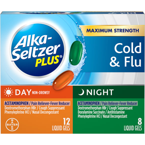 Alka-Seltzer Plus Brand Cold & Flu Liquid Gels, Day 12+Night 8 Capsules  加强版 感冒退烧药 20粒装