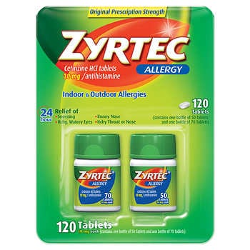 Zyrtec 24 Hour Allergy Relief Antihistamine Cetirizine HCl 10 mg, 120 Tablets