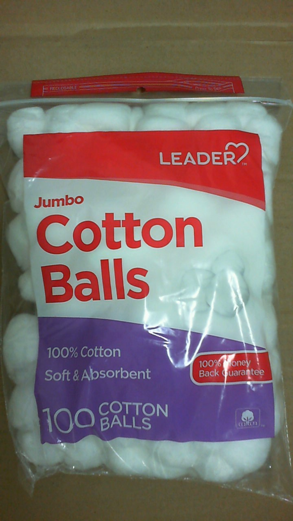 Leader Brand Jumbo Cotton Balls, 100% Cotton Soft & Absorbent, 100 Cotton Balls 棉球 100個